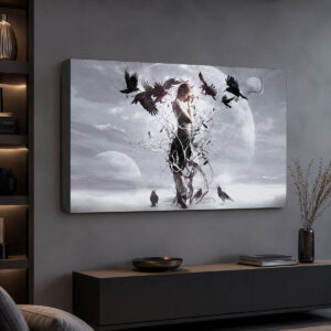 Gotik Kadın ve Karga Figürlü Işıklı Lightbox Tablo