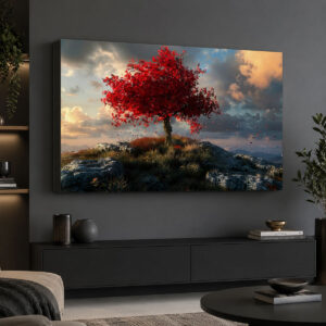 Kırmızı Ağaç ve Kayalık Doğa Temalı Işıklı Lightbox Tablo