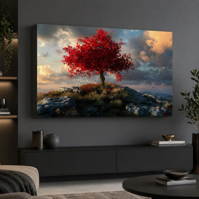 Kırmızı Ağaç ve Kayalık Doğa Temalı Işıklı Lightbox Tablo