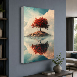 Bulutlar ve Kırmızı Ağaç Temalı Işıklı Lightbox Tablo