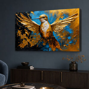 Altın Mavi Kolibri Figürlü 3D Lightbox Işıklı Tablo
