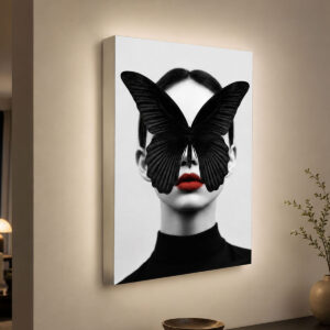 Kırmızı Dudaklı Kelebek Kadın Portresi 3D Lightbox Tablo