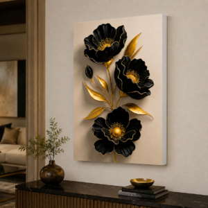 Siyah Çiçekli Altın Detaylı 3D Lightbox Işıklı Tablo