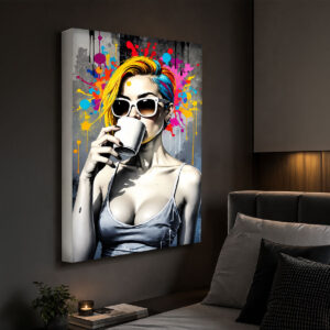 Kahve İçen Kadın Figürlü Renkli Street Art Işıklı Lightbox Tablo
