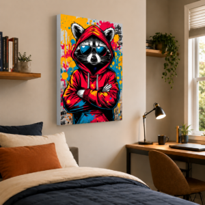 Kapüşonlu Rakun Grafiti Işıklı Lightbox Tablo – Modern ve Eğlenceli Duvar Dekoru