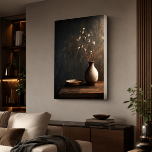 Koyu Zemin Vazolu Çiçek Tasarımlı LED Işıklı Lightbox Tablo