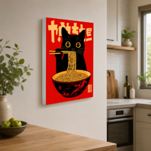 Ramen Yiyen Siyah Kedi Tasarımlı LED Işıklı Lightbox Tablo