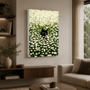 Papatya Tarlasında Siyah Kedi Tasarımlı LED Işıklı Lightbox Tablo