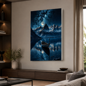 Ay Işığında Dağ ve Göl Manzaralı LED Işıklı Lightbox Tablo