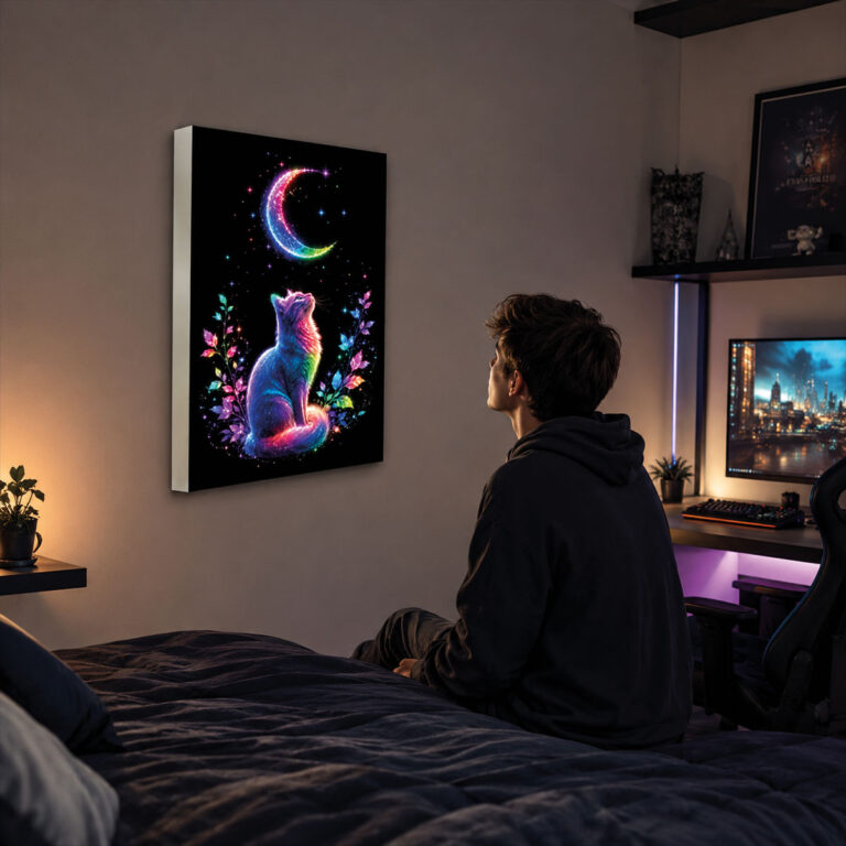 Kumandalı RGB LED Ay ve Kedi Temalı Dekoratif Lightbox Tablo