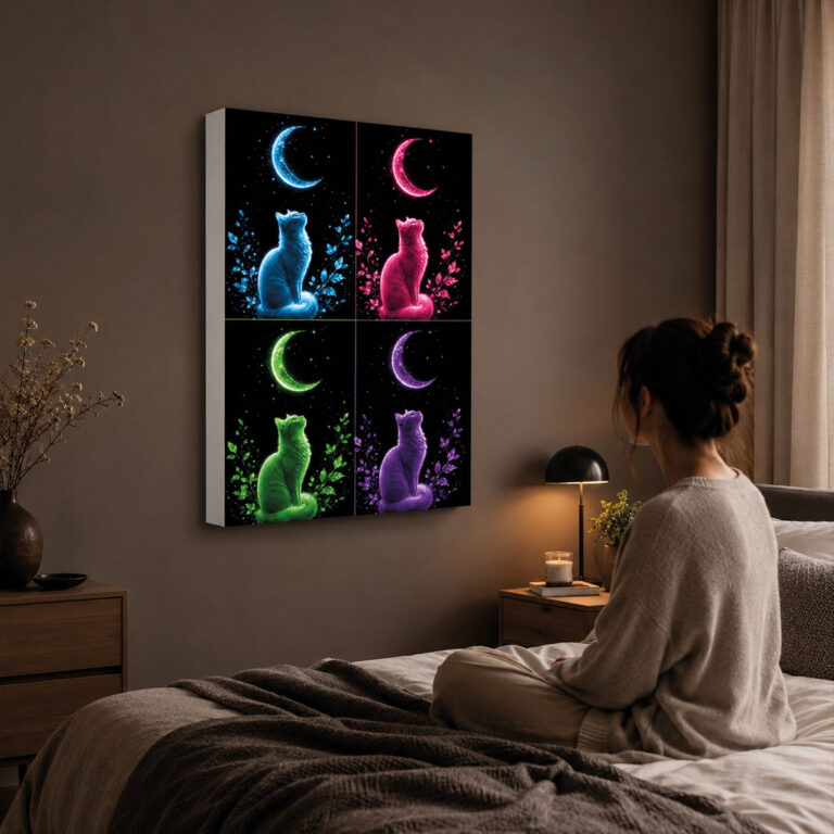 Kumandalı RGB LED Ay ve Kedi Temalı Dekoratif Lightbox Tablo