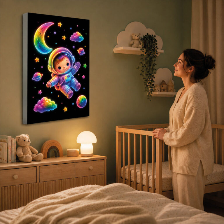 RGB LED Renk Değiştiren Astronot Çocuk Odası Lightbox Tablo