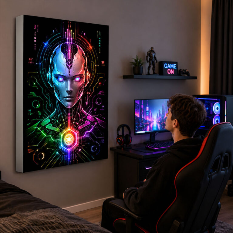 Kumandalı RGB LED Robot Yüzü Temalı Futuristik Lightbox Tablo