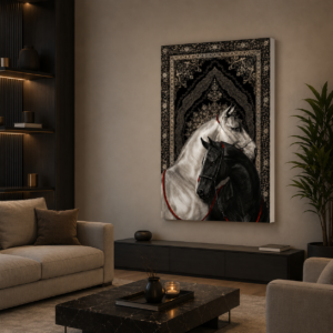 Çift At Figürlü Klasik Desen LED Işıklı Lightbox Tablo